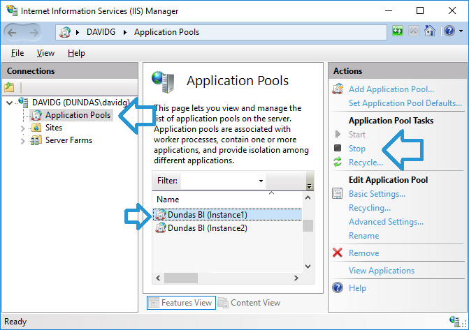 Stopping the Dundas BI application pool