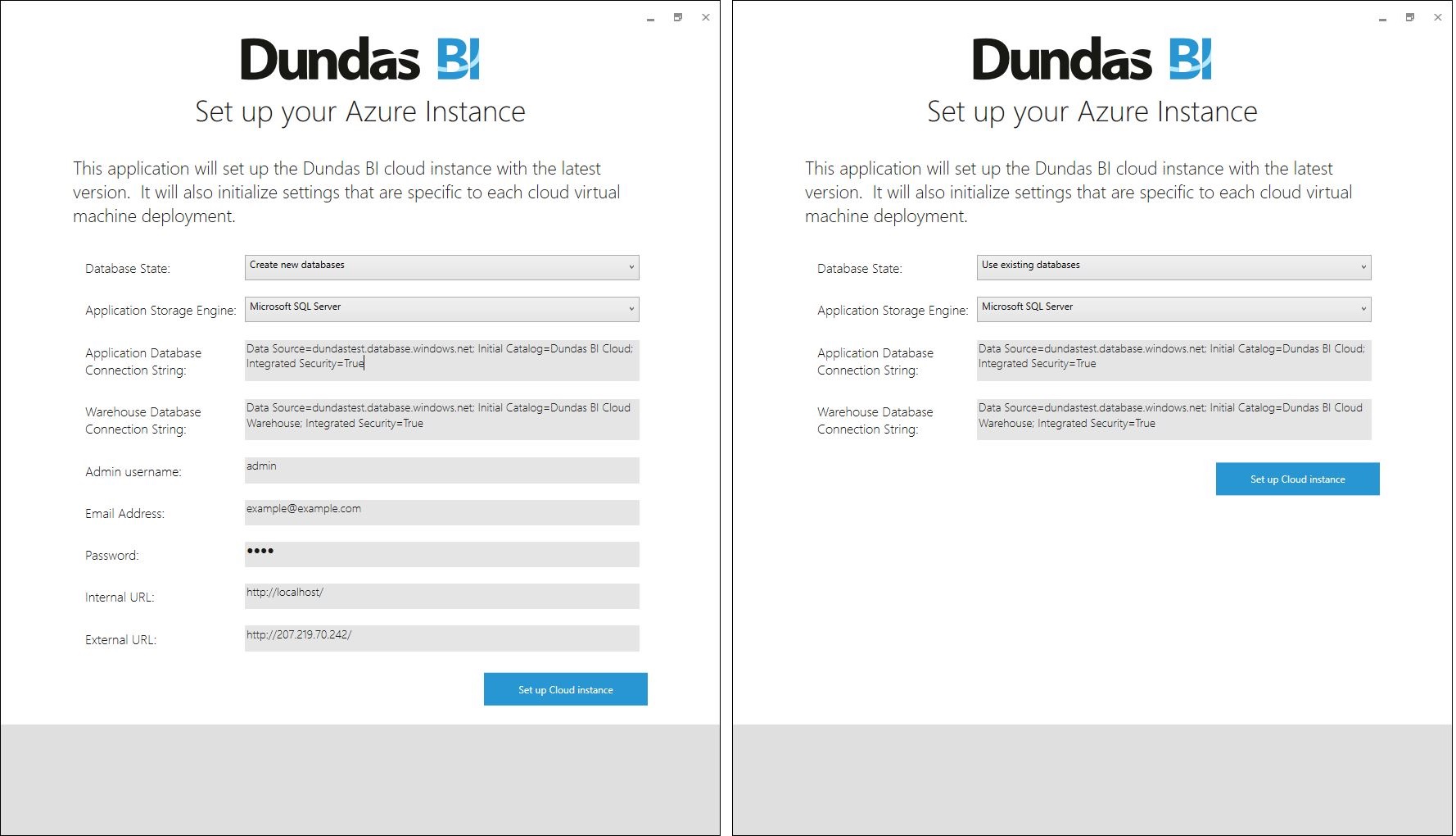 Set up your Azure instance - new databases at left, existing databases at right