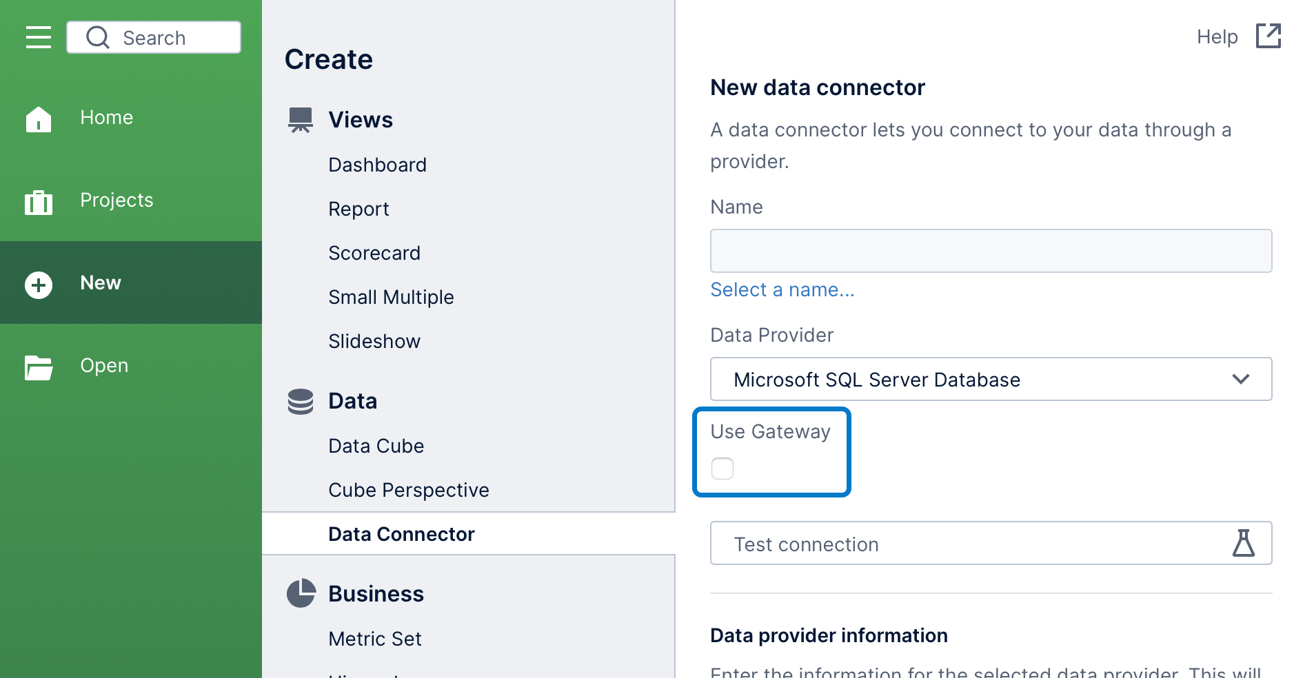 New data connector dialog with Use Gateway option