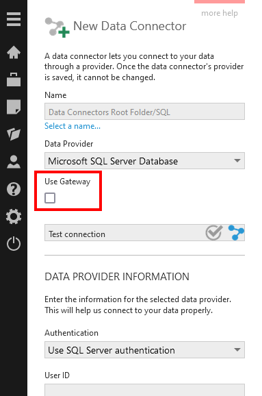 New data connector dialog with Use Gateway option