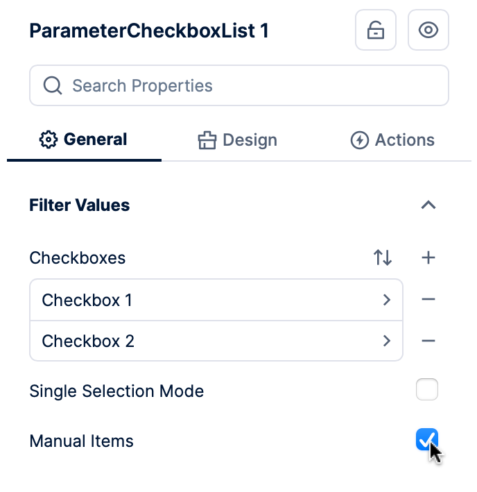 Select the Manual Items property of a checkbox filter