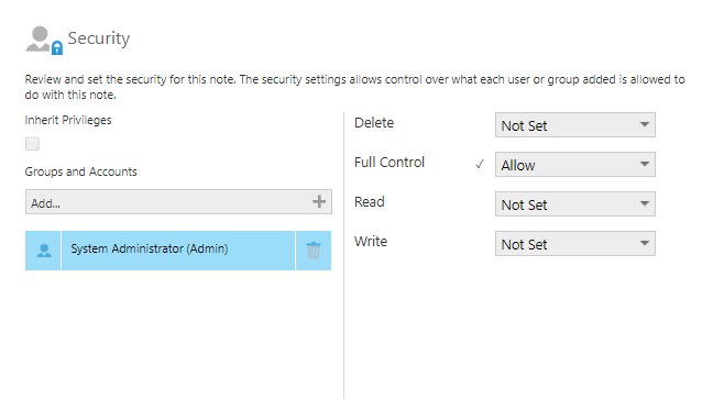 Security permissions dialog
