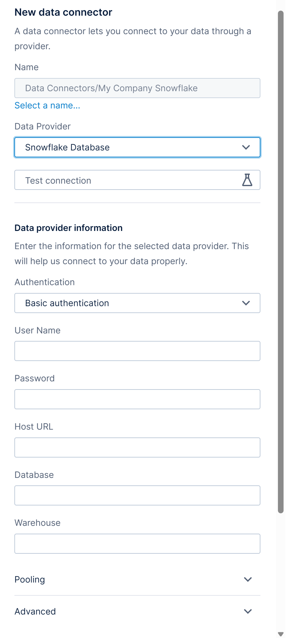 Create a new data connector for Snowflake