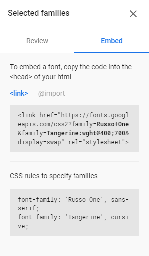 HTML code for embedding Google fonts