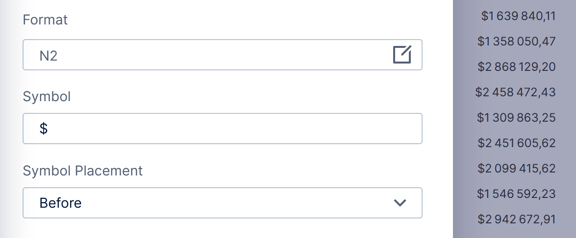 Specify the symbol placement for non-currency formats